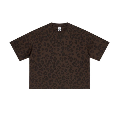 Custom LOGO men's new summer 240G cotton polyester American retro BOXY leopard print short-sleeved T-shirt casual loose top