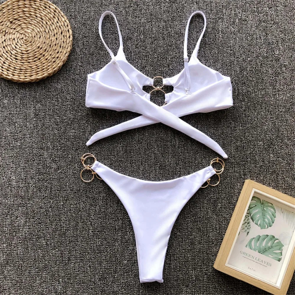 Metal Rings Leopard Brazilian Bikini Women Swimwear Female Swimsuit Two-piece Bikini set Thong Bather Bathing Suit Swim V1441