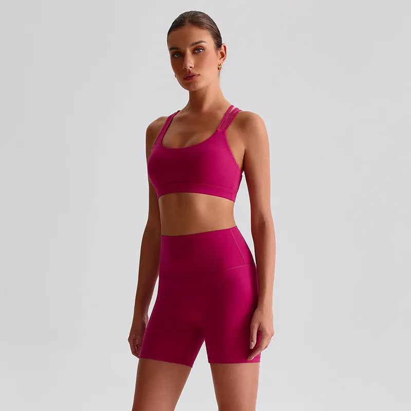 Solid Color High Impact Solid Gym Yoga Set Tight Legging Fitness Cross-back straps Bra Top 2pcs Soft Sport Suit  Women Sportwear