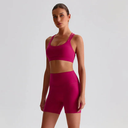 Solid Color High Impact Solid Gym Yoga Set Tight Legging Fitness Cross-back straps Bra Top 2pcs Soft Sport Suit  Women Sportwear