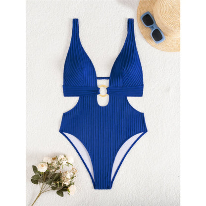 Sexy 8 Colors Deep V Neck Cut Out One Piece Swimsuit Women Swimwear Female High Leg Cut Monokini Bather Bathing Suit Swim V7177
