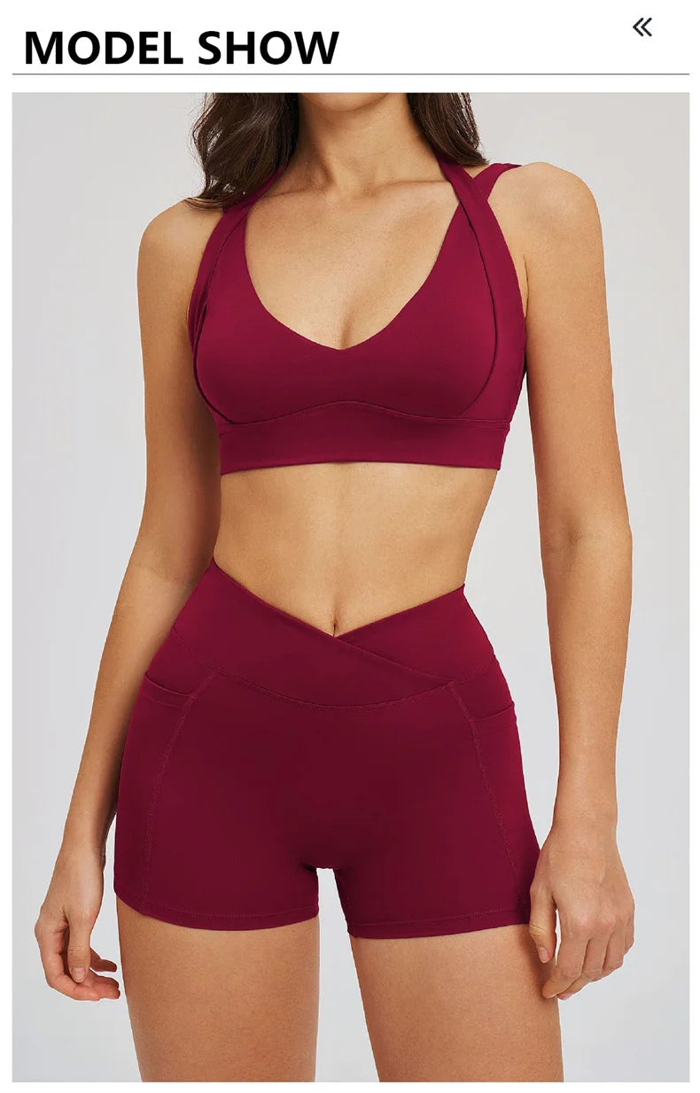 TRY TO BN Women's Tracksuit Shorts Sports Gym Set Halter Neck Fitness Cross Waisted Short Running Two Pieces Suits Yoga Clothing