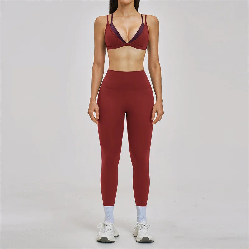 TRY TO BN Women's Color Block Yoga Sets Fake Two-Piece Sports Bra High Waisted Leggings Breathable Fitness Workout Gym Tracksuit