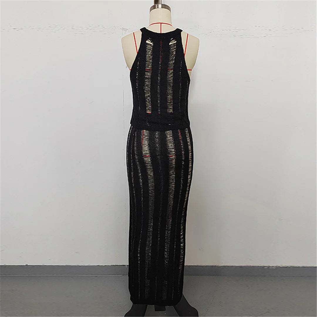 New Sleeveless Crochet Knitted 2 Pieces Suits Tunic Beach Cover Up Cover-ups Beach Dress Beach Wear Beachwear Female Women V6717