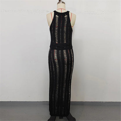 New Sleeveless Crochet Knitted 2 Pieces Suits Tunic Beach Cover Up Cover-ups Beach Dress Beach Wear Beachwear Female Women V6717