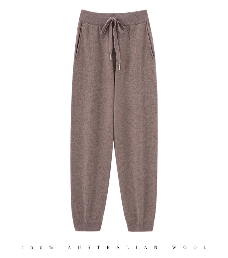 2024 Autumn And Winter New 100% Pure Wool Flat Small Foot Pants Women Loose High Waist Lean Knitted Cashmere Bunched Foot Pants