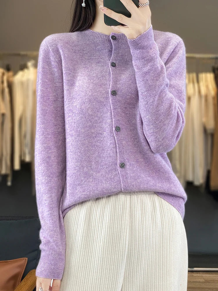 100% Merino Wool Sweater Women O-Neck Cardigan Basic Style  Buttoned Knitwear Female Casual Autumn Winter Soft Tops