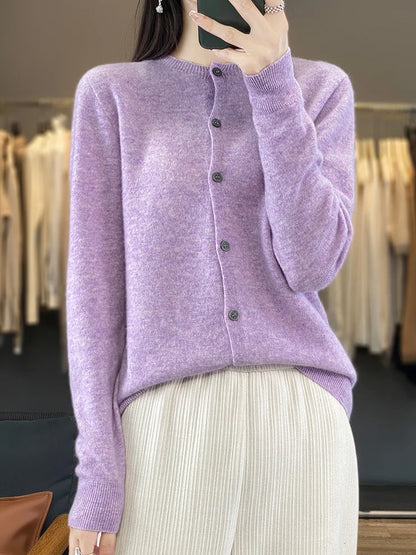 100% Merino Wool Sweater Women O-Neck Cardigan Basic Style  Buttoned Knitwear Female Casual Autumn Winter Soft Tops