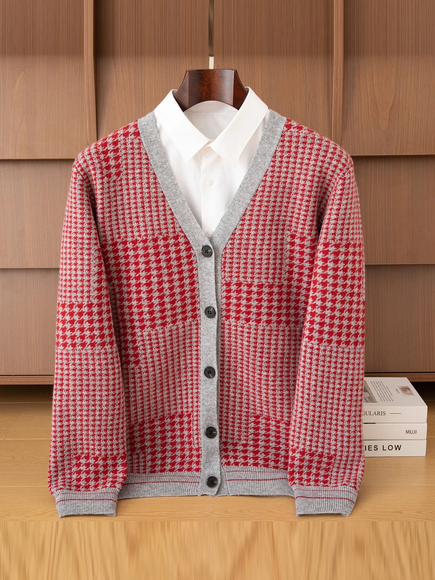 Men's V-Neck Cardigan Business Casual Jacquard Thickened Jacket 100% Merino Wool Knit Coat Autumn Winter Warmth Men's Clothing