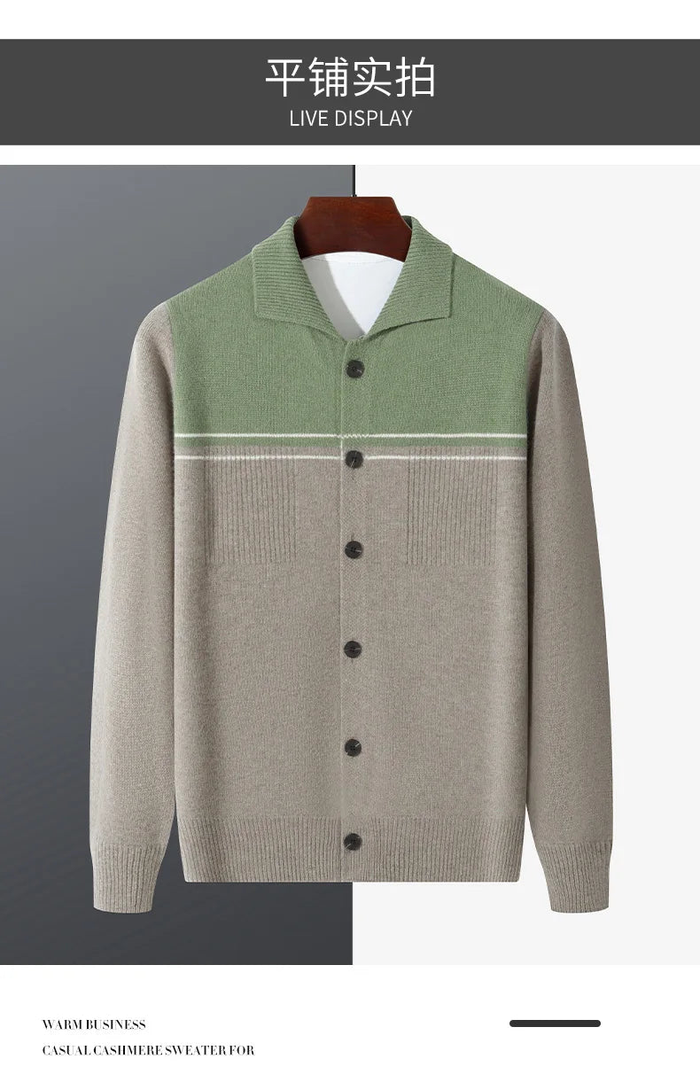 100% Merino Wool Men's Lapel Collar Knit Cardigan Coat 2025 Spring/ Autumn New POLO Neck Business Casual Cashmere Jacket Sweater