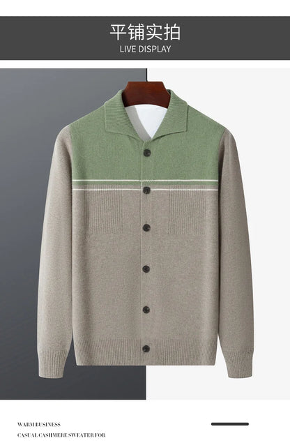 100% Merino Wool Men's Lapel Collar Knit Cardigan Coat 2025 Spring/ Autumn New POLO Neck Business Casual Cashmere Jacket Sweater
