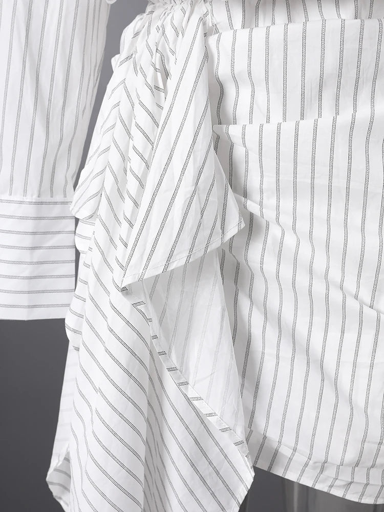 DEAT Fashion Striped Wrap Tie Waist Shirt Mini Dress Women's Lapel Asymmetric Ruched Hem Striped Bodycon Dresses Summer New