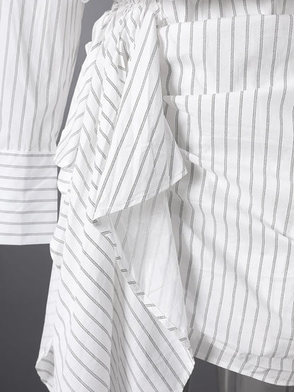 DEAT Fashion Striped Wrap Tie Waist Shirt Mini Dress Women's Lapel Asymmetric Ruched Hem Striped Bodycon Dresses Summer New