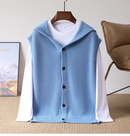 2025 Autumn/Winter Men's Vest 100% Merino Wool Knit Hooded Cardigan Casual Loose Sleeveless Solid Color Men's Cashmere Sweater