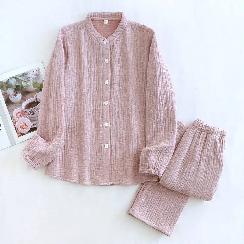 2026 Spring and Autumn New Couple Pajama Set 100% Pure Cotton Crepe Cloth Men's and Women's Stand up Neck Simple Home Clothing