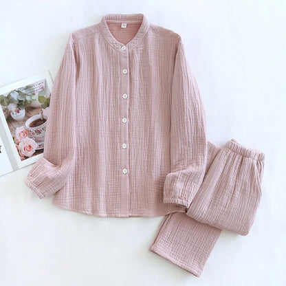 2026 Spring and Autumn New Couple Pajama Set 100% Pure Cotton Crepe Cloth Men's and Women's Stand up Neck Simple Home Clothing