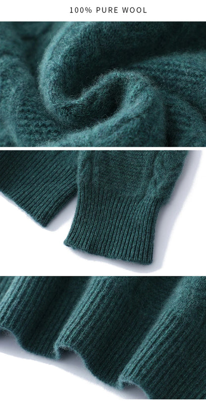 100% Merino Wool Sweater Men's Round Neck Thickened Tops Autumn Winter New Soft Warm Casual Solid Color Knitted Pullover