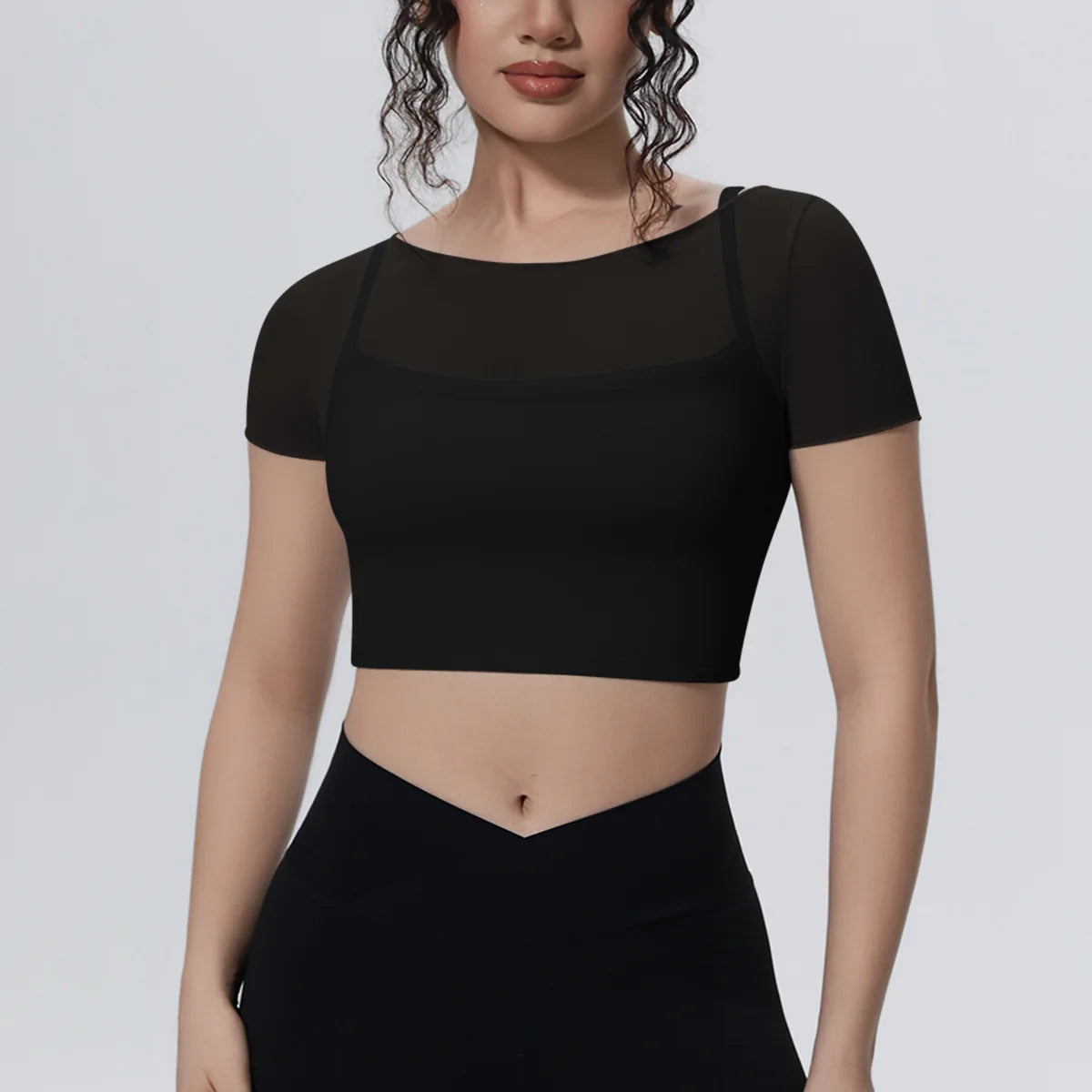 Hearuisavy Women's Mesh Short Sleeve Yoga Top With Padded Bra Fake Two Piece Gym Clothing Quick Dry Sports Crop Top Fitness Top