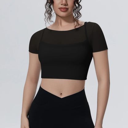 Hearuisavy Women's Mesh Short Sleeve Yoga Top With Padded Bra Fake Two Piece Gym Clothing Quick Dry Sports Crop Top Fitness Top