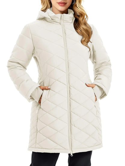 TACVASEN Womens Long Quilted Puffer Hood Jackets Winter Lightweight Warm Insulated Coat Windproof Waterproof Parkas with Pockets