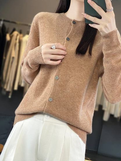 100% Merino Wool Sweater Women O-Neck Cardigan Basic Style  Buttoned Knitwear Female Casual Autumn Winter Soft Tops