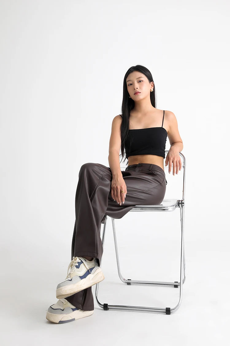BIVIGAOS Fall Winter Fleece Loose Wide Leg Warm Leather Pants Women Button Pocket High Waist Thick PU Casual Straight Pants