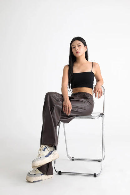 BIVIGAOS Fall Winter Fleece Loose Wide Leg Warm Leather Pants Women Button Pocket High Waist Thick PU Casual Straight Pants
