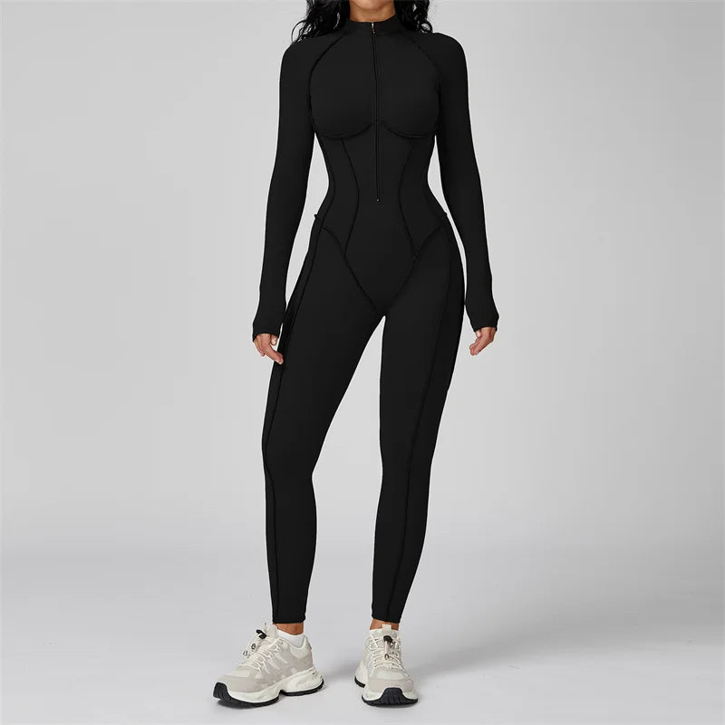 TRY TO BN Gym Jumpsuit Half Zipper Sports Stripe Fitness Bodysuit One-Piece Workout Activewear Tights Woman Suits Yoga Clothing
