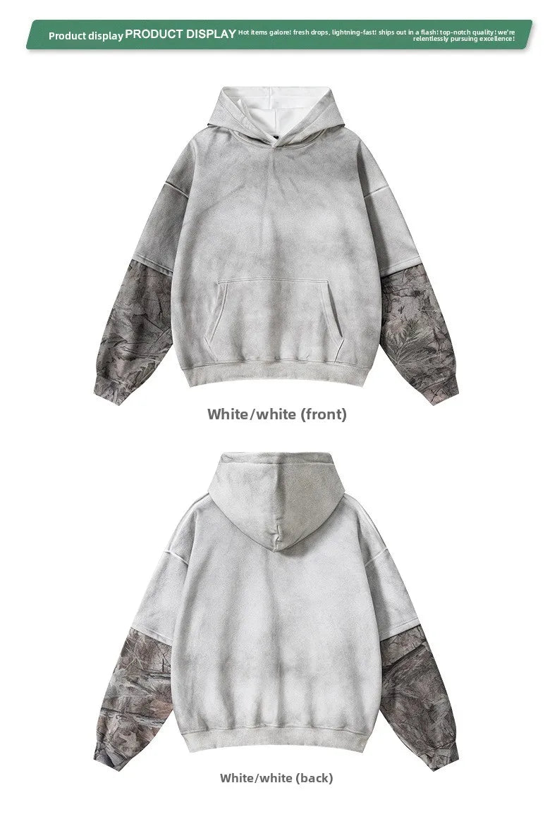 Custom LOGO Men's 2025 Autumn New 340G fleece-lined Fake Two-piece Camouflage Sweater T-Shirt Casual Pants Set
