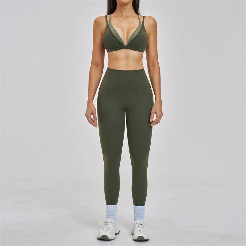 TRY TO BN Women's Color Block Yoga Sets Fake Two-Piece Sports Bra High Waisted Leggings Breathable Fitness Workout Gym Tracksuit