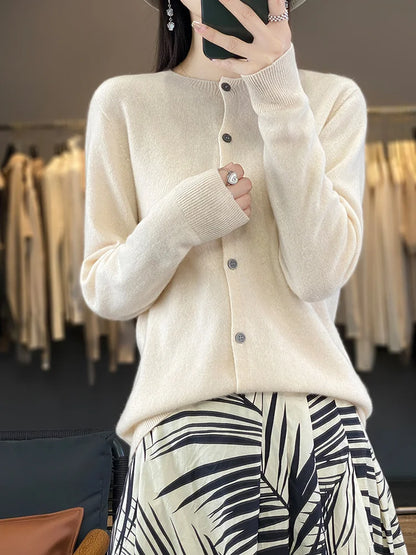 100% Merino Wool Sweater Women O-Neck Cardigan Basic Style  Buttoned Knitwear Female Casual Autumn Winter Soft Tops