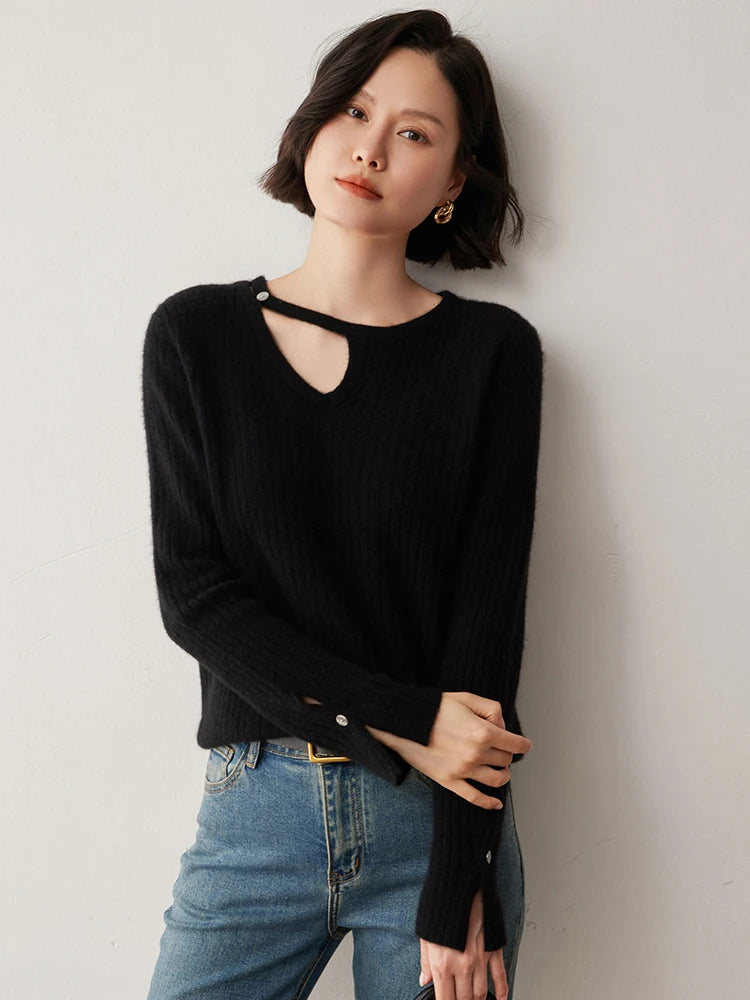 CHICUU Women's 100% Cashmere Knit Pullover Sweater Cut Out Collar Long Sleeve Pullover Autumn Winter Basic Cashmere Knitwear Top