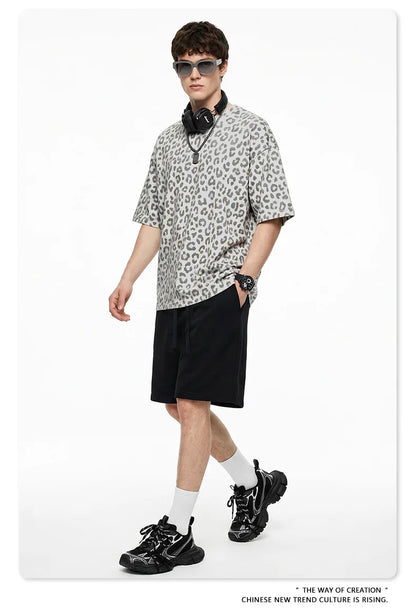 Custom LOGO men's new summer 240G cotton polyester American retro BOXY leopard print short-sleeved T-shirt casual loose top