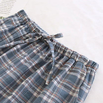 2026 New Spring and Autumn Men's Sleeper Pants 100% Cotton Gauze Japanese Checkered Pants Elastic Waist Home Pants Sleepwear