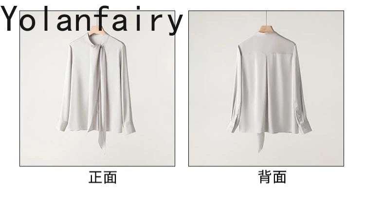 YOLANFAIRY 93% Real Mulberry Silk Shirts for Women Spring 2026 Elegant Solid Long Sleeve Shirt Woman Top Ribbon OL Blouses Trend