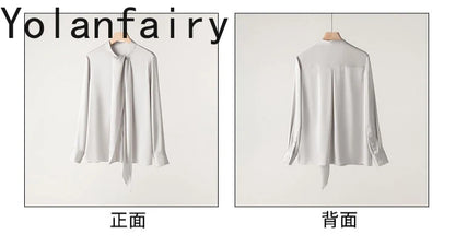 YOLANFAIRY 93% Real Mulberry Silk Shirts for Women Spring 2026 Elegant Solid Long Sleeve Shirt Woman Top Ribbon OL Blouses Trend