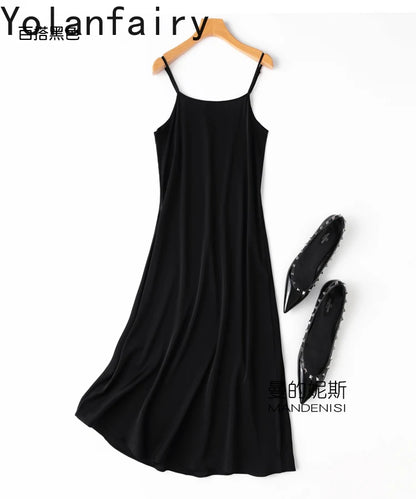 YOLANFAIRY 19momme 93% Mulberry Silk Spaghetti Strap Dress for Women Elegant Mid-length Sexy Real Silk Summer Dresses Woman 원피스
