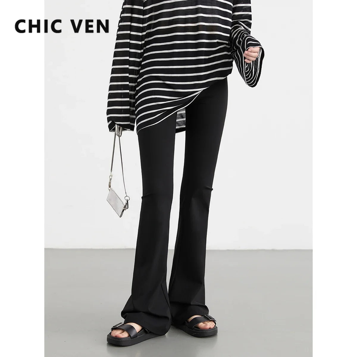 CHIC VEN Women Long Pants Slim New High Waisted Elastic Casual Pant Female Black Flared Trousers Yoga Clothing Autumn 2026