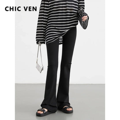 CHIC VEN Women Long Pants Slim New High Waisted Elastic Casual Pant Female Black Flared Trousers Yoga Clothing Autumn 2026