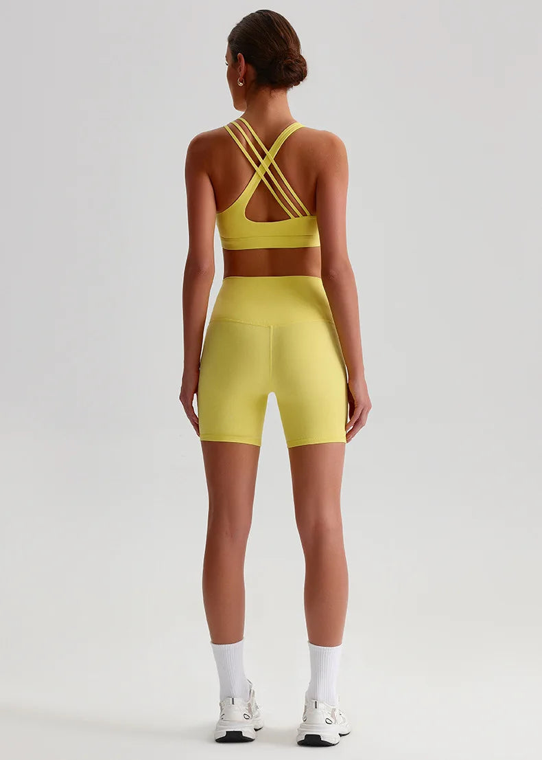 Solid Color High Impact Solid Gym Yoga Set Tight Legging Fitness Cross-back straps Bra Top 2pcs Soft Sport Suit  Women Sportwear