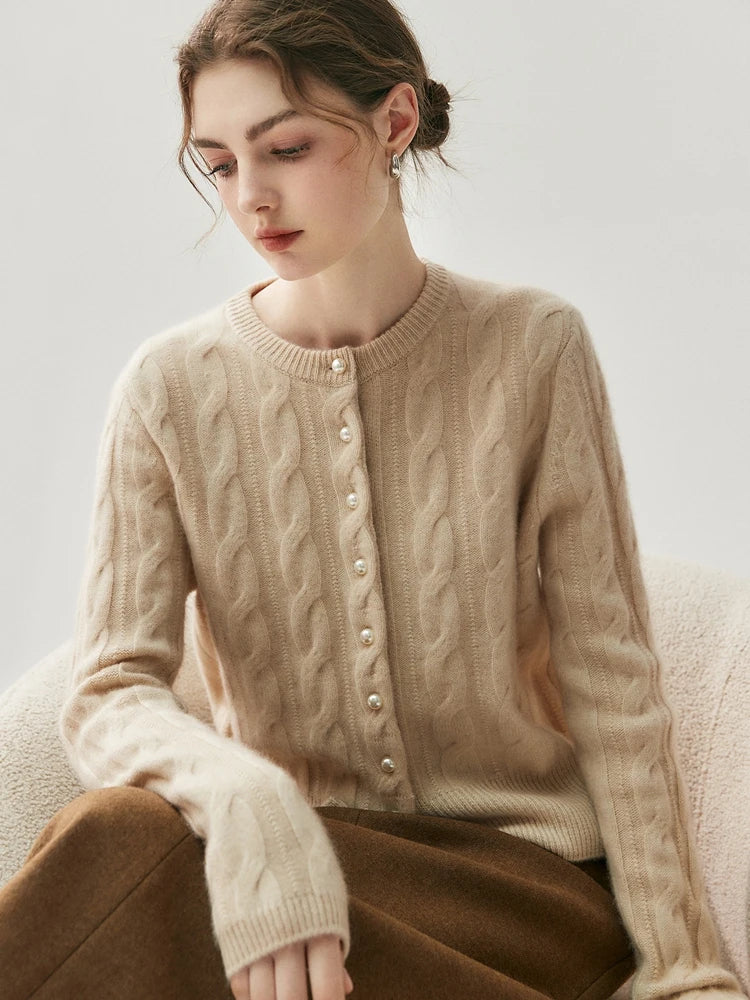 CHICUU Women's O-neck Cashmere Cardigan 100% Cashmere Sweater Cable Knit Preppy Style Cardigan Coat Autumn Winter Clothes Tops