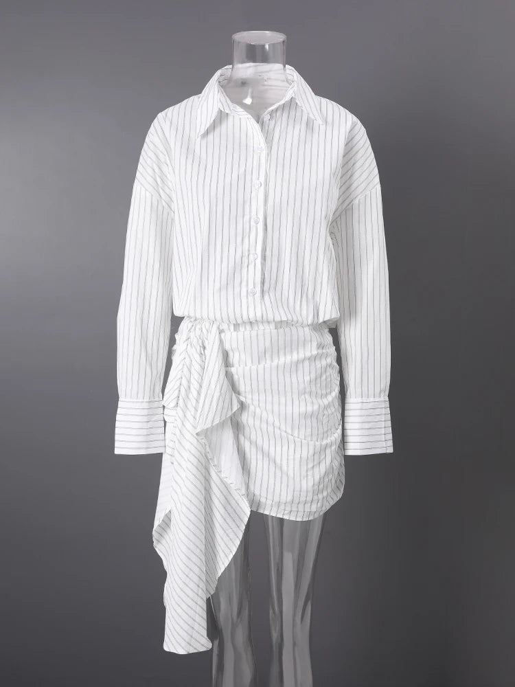 DEAT Fashion Striped Wrap Tie Waist Shirt Mini Dress Women's Lapel Asymmetric Ruched Hem Striped Bodycon Dresses Summer New