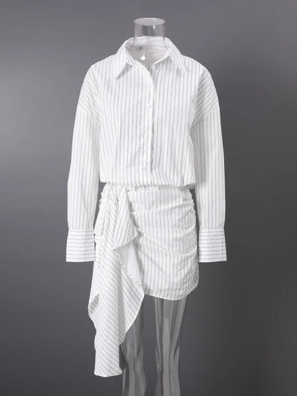 DEAT Fashion Striped Wrap Tie Waist Shirt Mini Dress Women's Lapel Asymmetric Ruched Hem Striped Bodycon Dresses Summer New