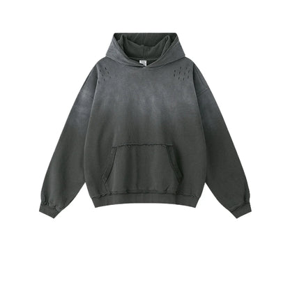 Custom LOGO men's 2025 autumn 370G heavy 100% cotton gradual change hole hooded sweater straight trousers set