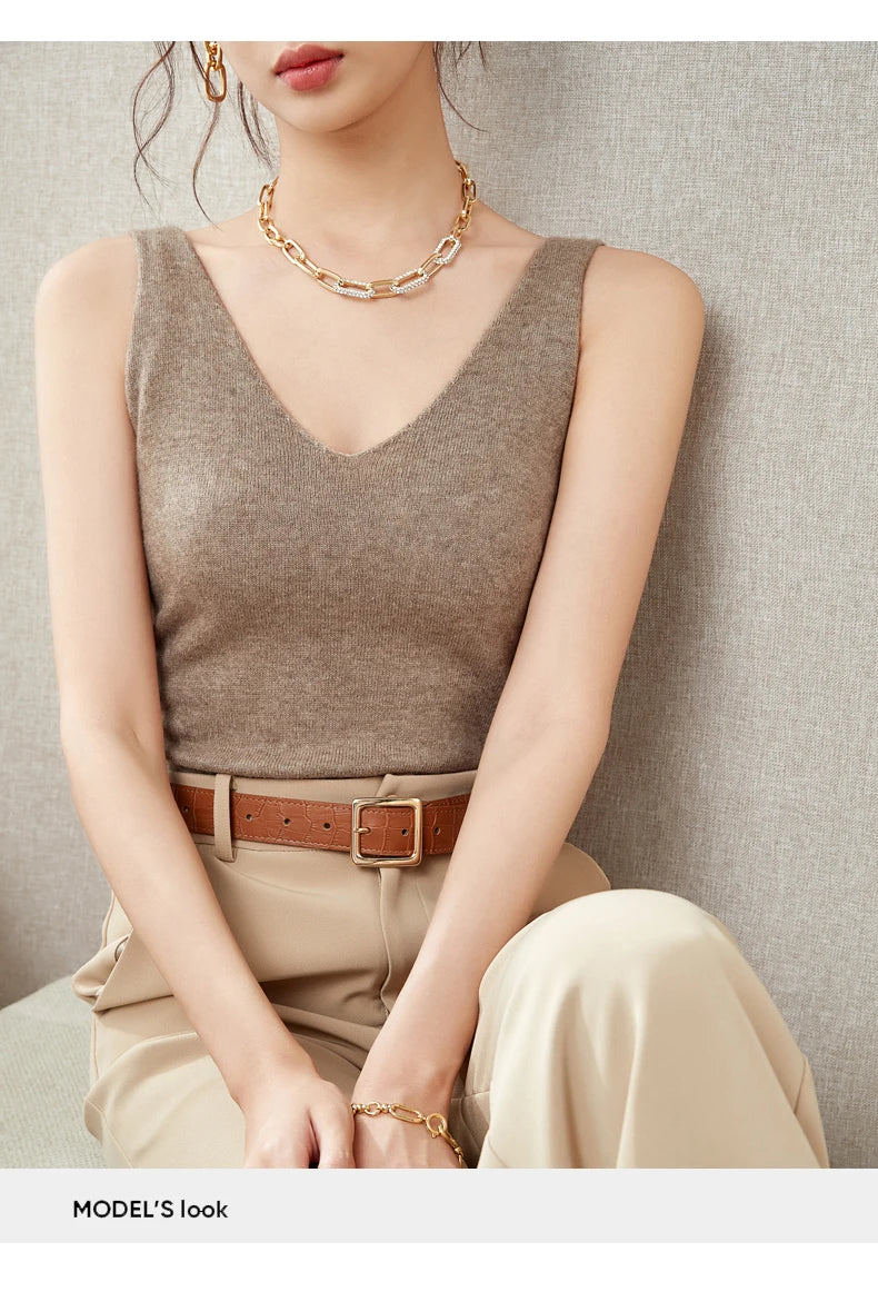 Women's Spring and Autumn 2026 New 100% Merino Wool V-Neck Pullover Knitted Suspender Casual Soft Inner Vest Women's Clothing