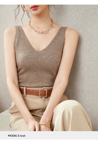 Women's Spring and Autumn 2026 New 100% Merino Wool V-Neck Pullover Knitted Suspender Casual Soft Inner Vest Women's Clothing