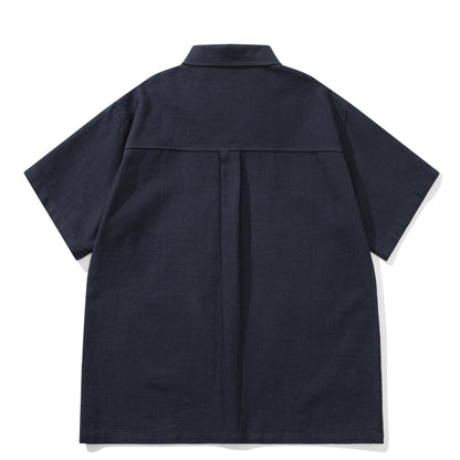 Summer Japanese Retro Amekaji Cuban Collar Workwear Short Sleeved Shirt Men and Women Loose Cotton Five Quarter Sleeved Shirt