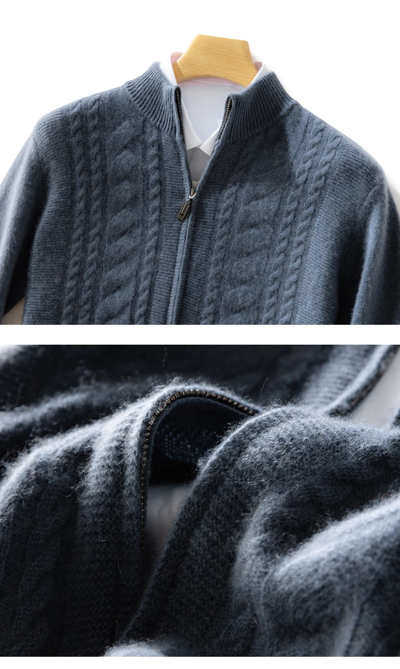 High Quality Men Mock Collar Twisted Cardigan Autumn Winter Thick Zipper 100% Merino Wool Sweater Casual Coat Cashmere Knitwear