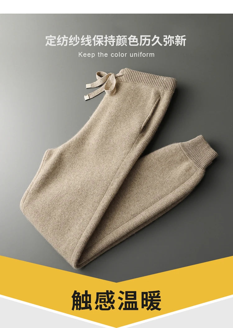 Autumn/Winter Men Sweater Suit Hooded Zipper Pullover Pants Thick Warm Casual Clothing 100% Cashmere Knitwear Trousers Tops