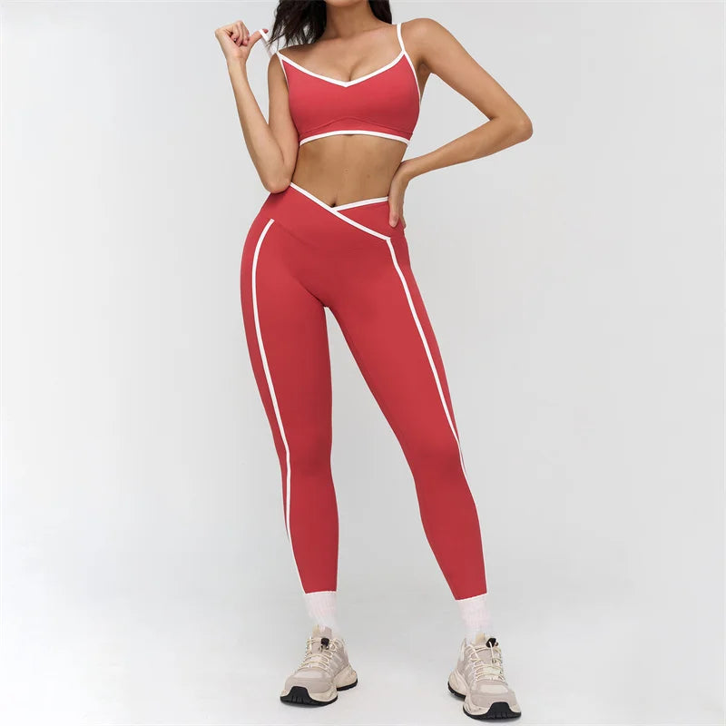 TRY TO BN Gym Set Sport Bra Women's Tracksuit Fitness Contrasting Color High Waist Leggings Two Pieces Suit Running Yoga Clothes